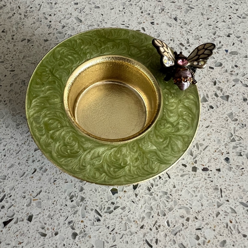 Jay Strongwater Green and Gold Decorative Candleholder with Bug Accent